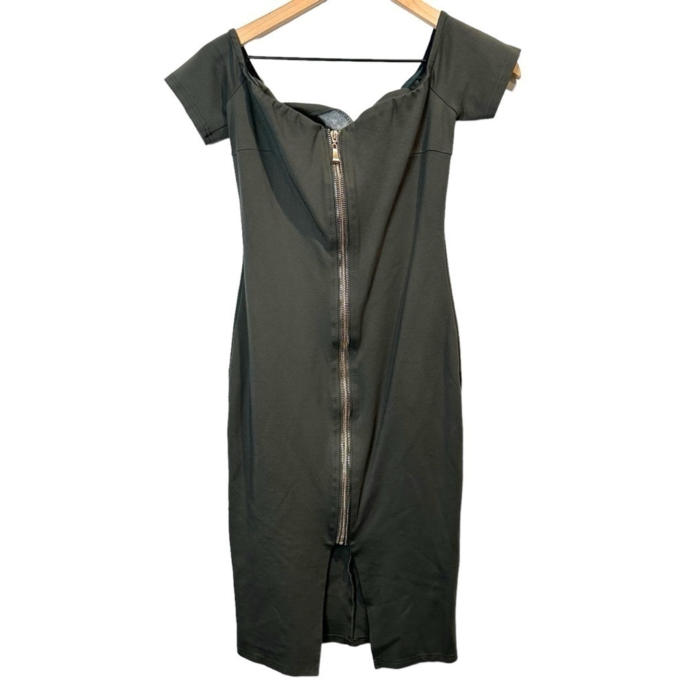 Xtaren Women’s Olive Green Front Zip Off the Shoulder Bodycon Midi Dress Small
